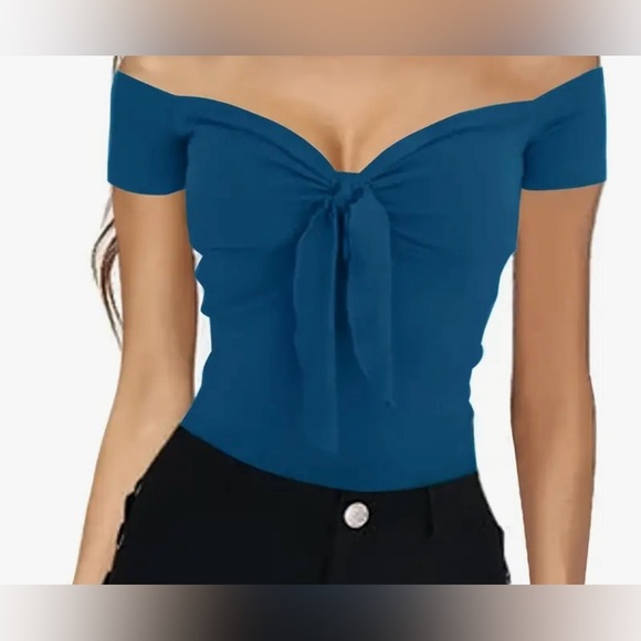 Knot Front Off-shoulder Top, Sexy Short Sleeve Slim Top - Picture 1 of 7